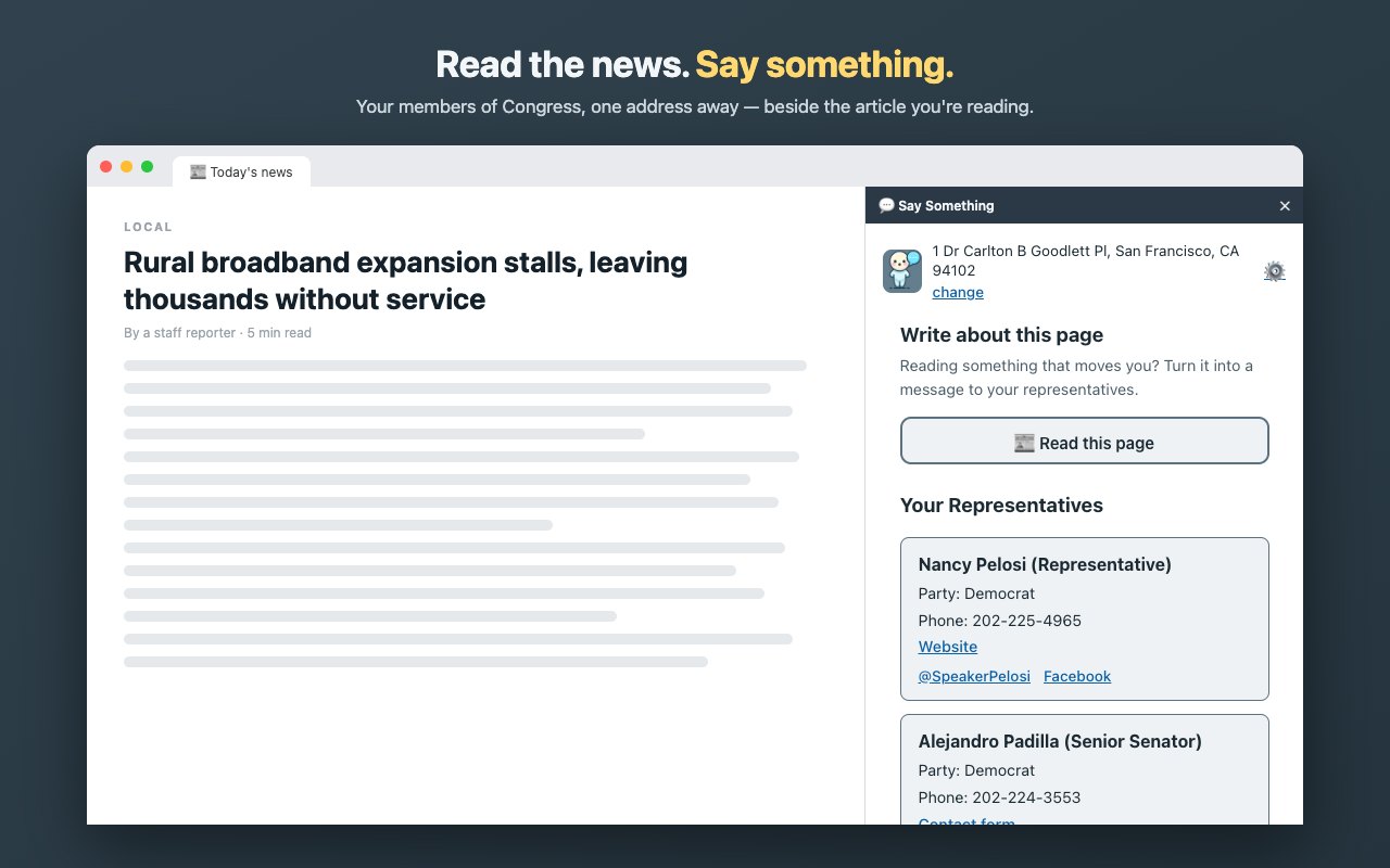The Say Something side panel showing a list of representatives with party, phone number, and contact links beside a news article.