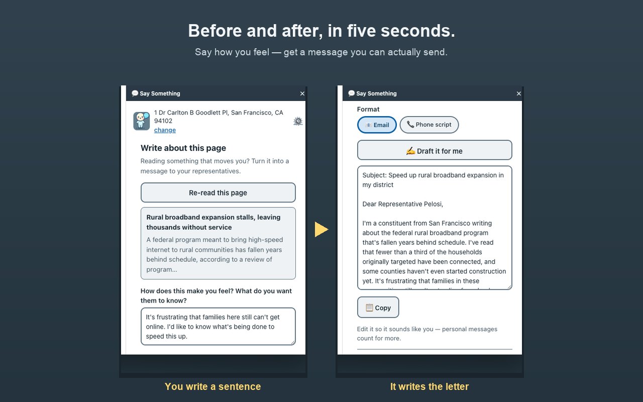 Two side-by-side views of the Say Something panel: on the left the user has typed one sentence about how they feel, on the right a finished email to their representative.